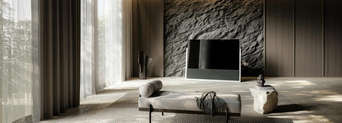 Modern living room with large TV and sofa