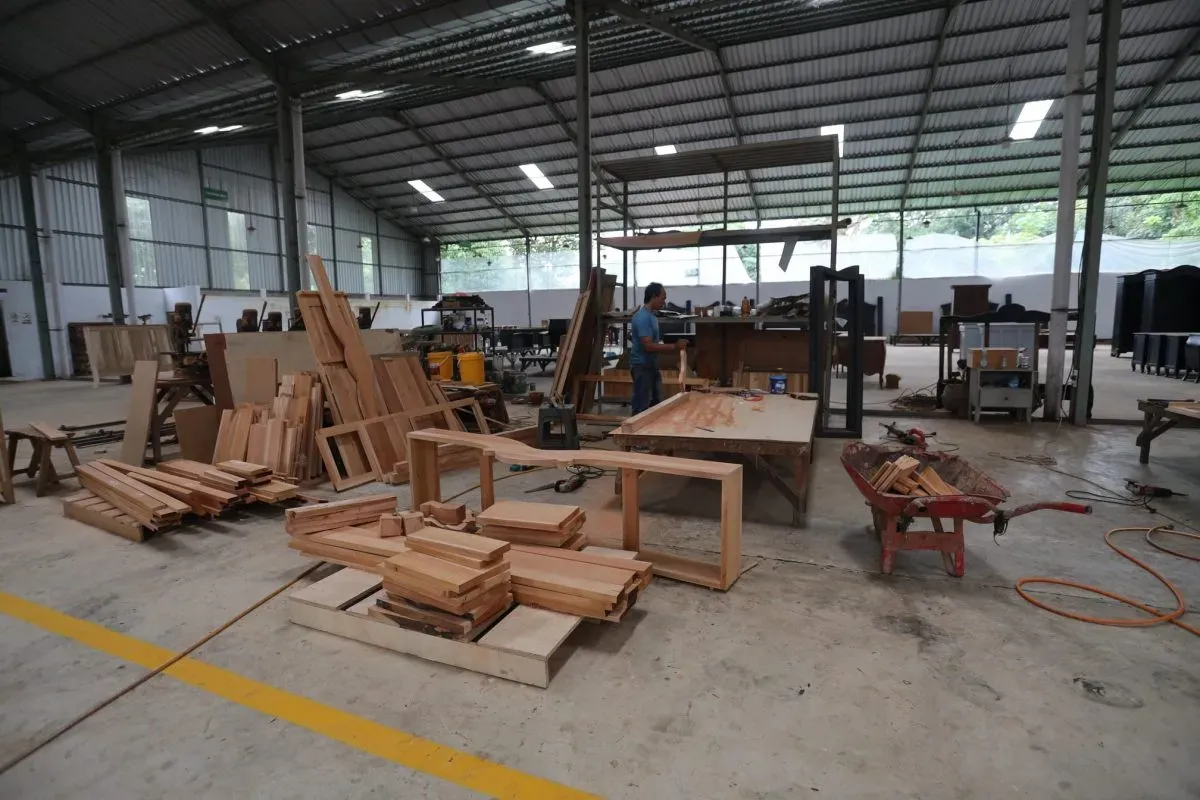 Carpenter working in a wood workshop