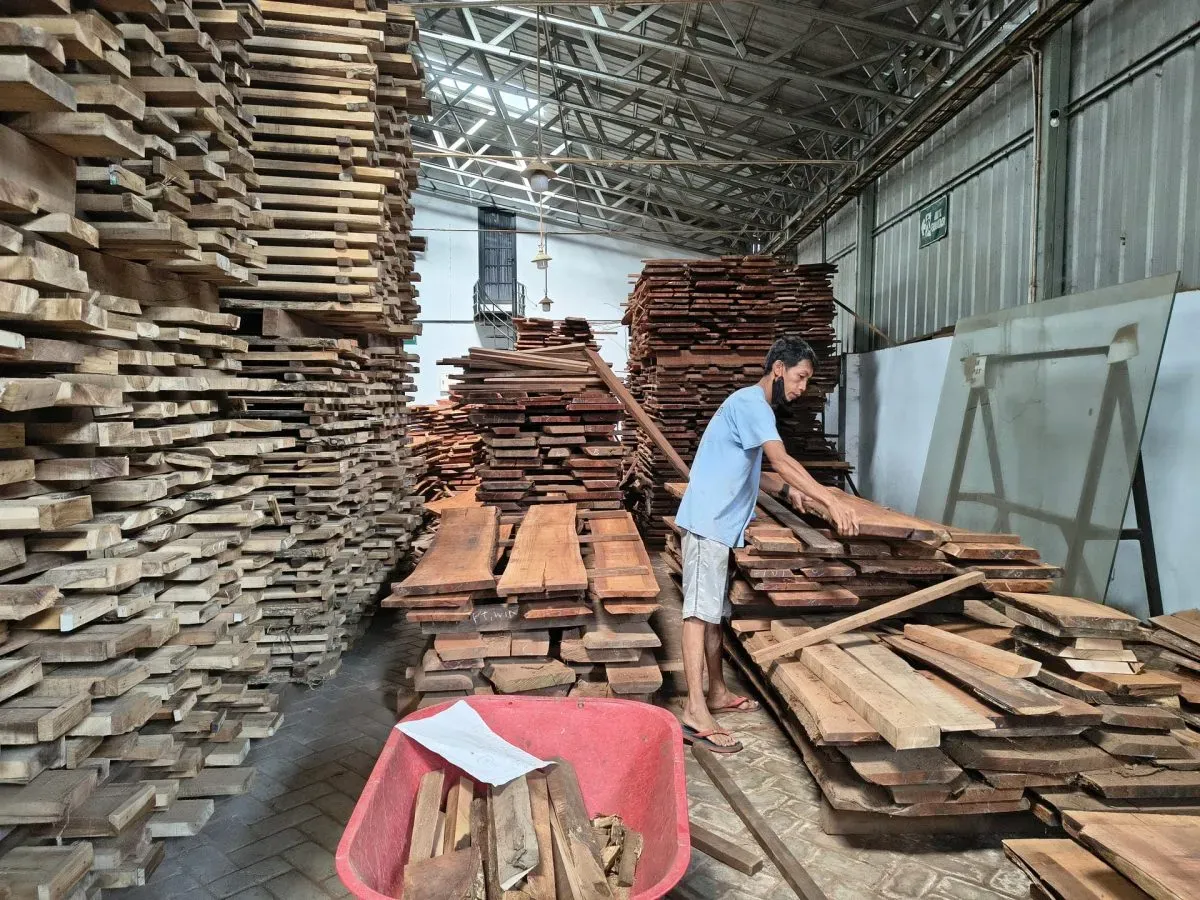 Worker stacking wooden planks in lumber warehouse