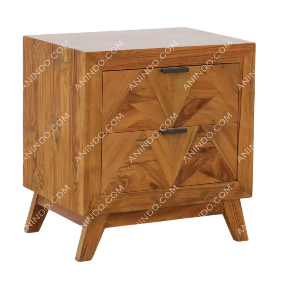 Wooden nightstand with two drawers and geometric pattern