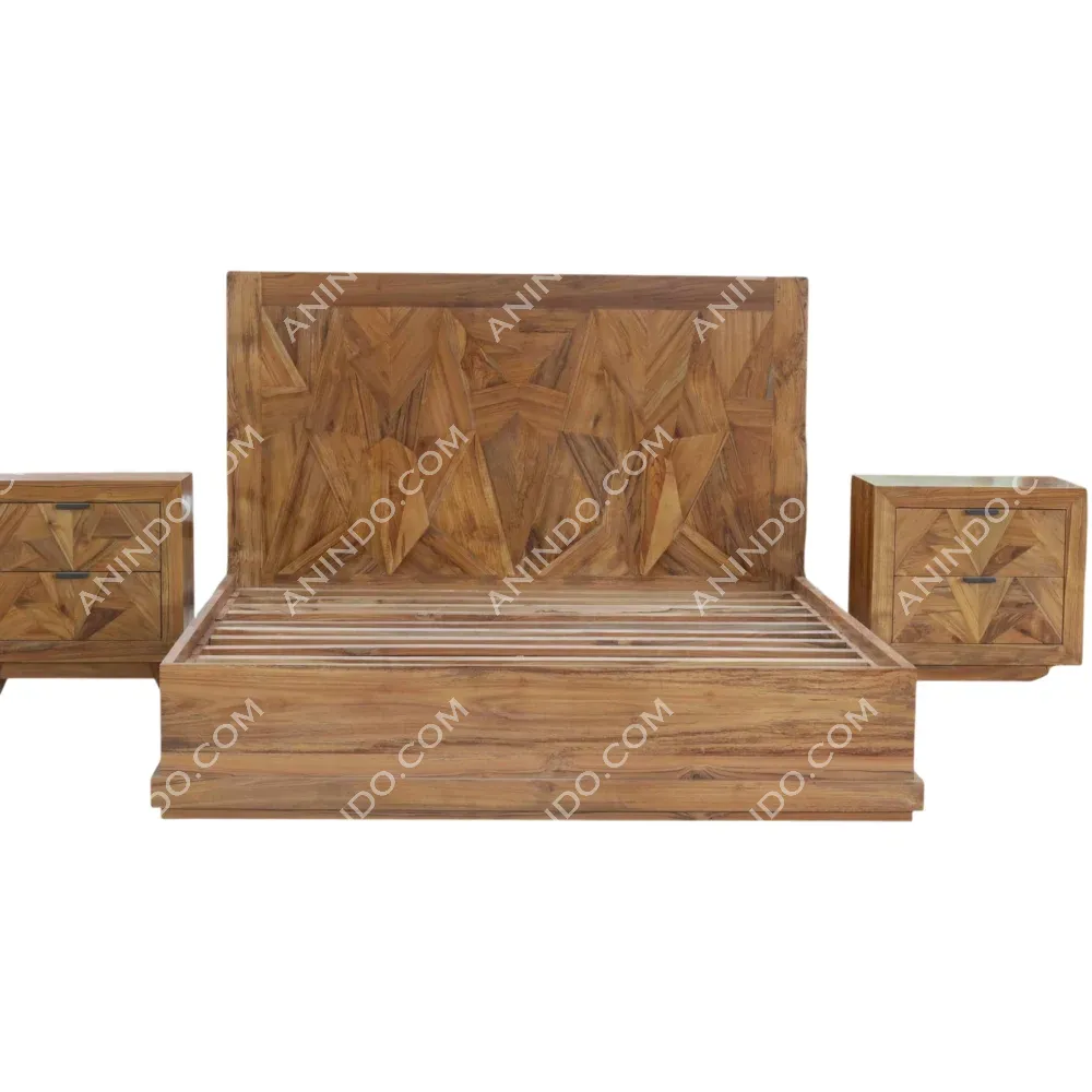 Wooden bed frame with matching nightstands