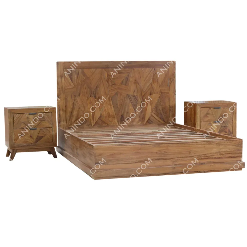 Wooden bed frame with matching nightstands