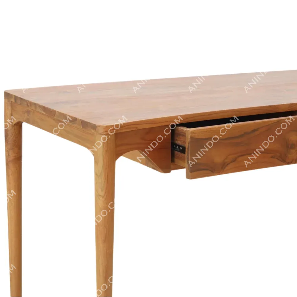 Wooden desk with open drawer