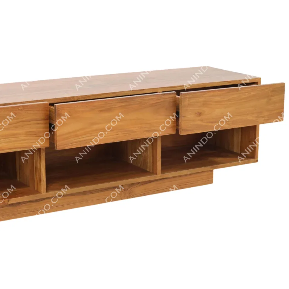 Modern wooden TV stand with open drawers