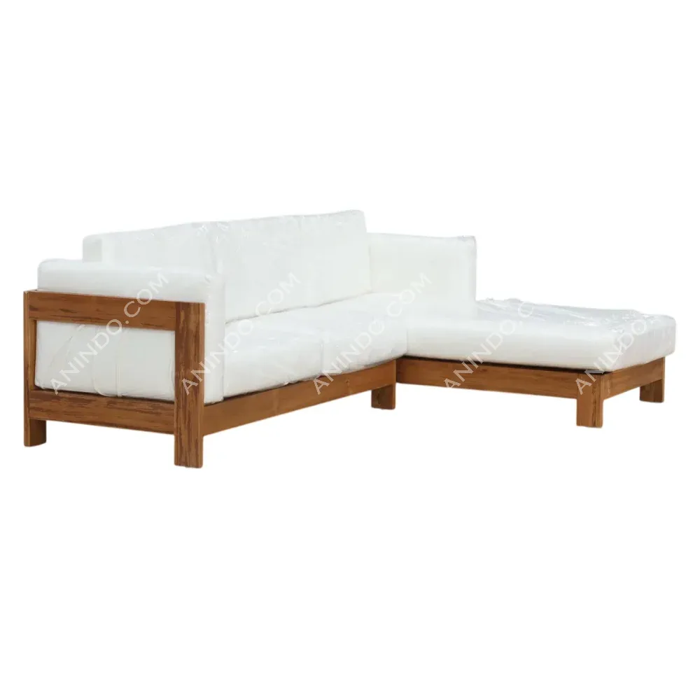 Modern wooden sectional sofa with white cushions