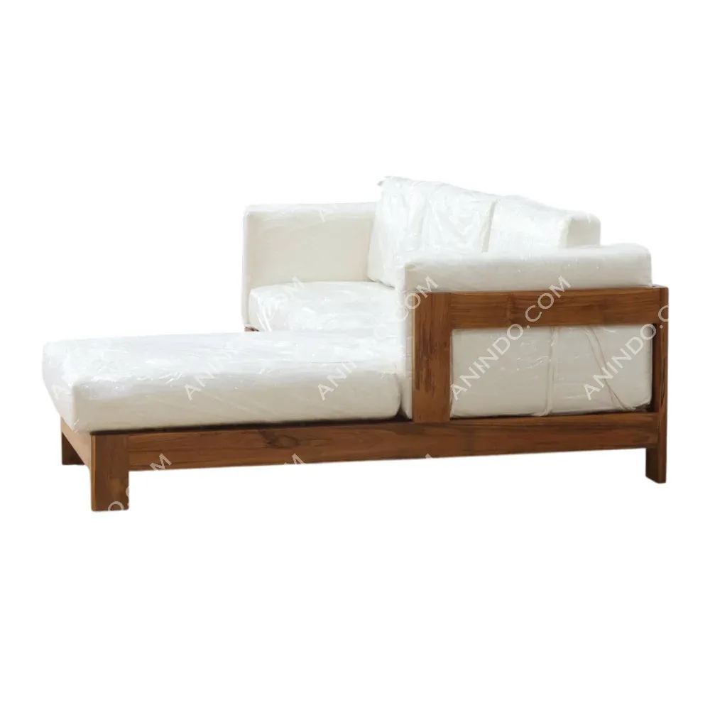 Wooden frame sofa with white cushions
