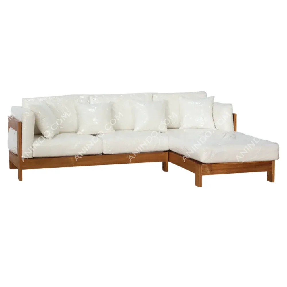 White sectional sofa with wooden frame