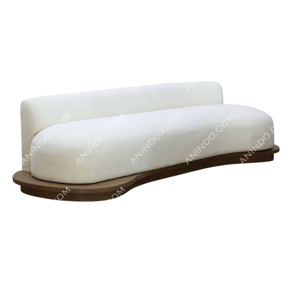 Modern white curved sofa with wooden base