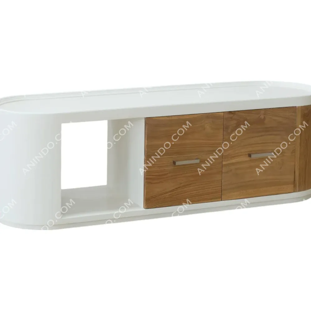 Modern white TV stand with wooden drawers