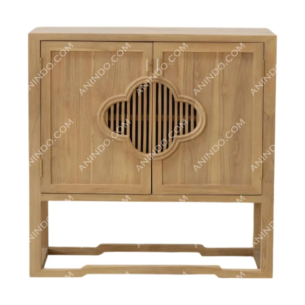 Wooden cabinet with geometric carved door design