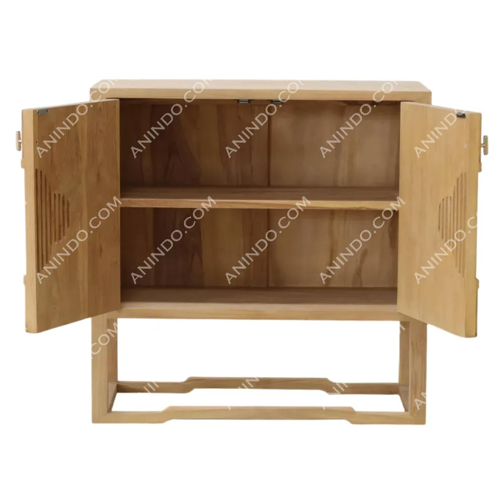 Wooden cabinet with open double doors and shelves