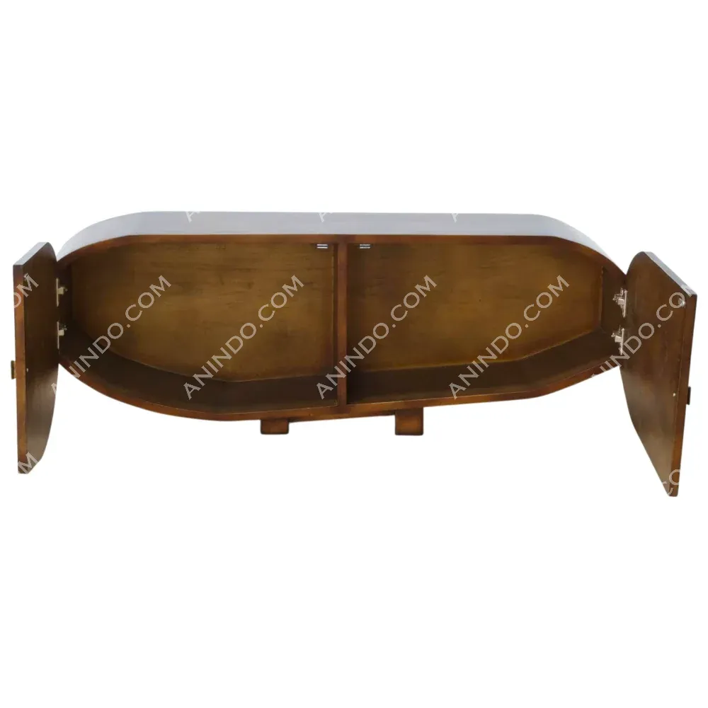 Wooden TV cabinet with open storage doors