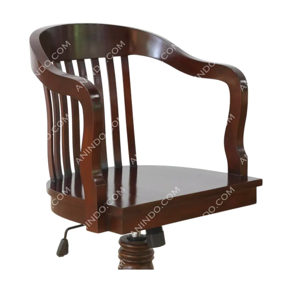 Wooden swivel office chair with curved armrests