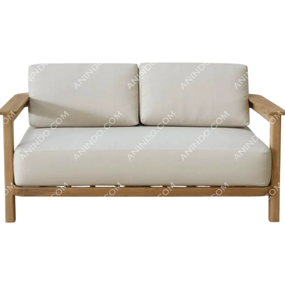 Modern wooden two-seater sofa with white cushions
