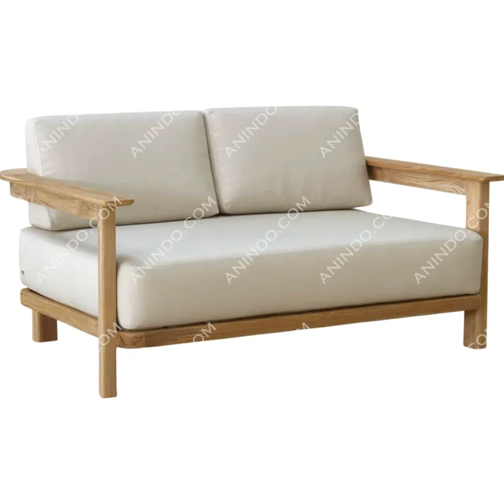 Modern wooden sofa with white cushions