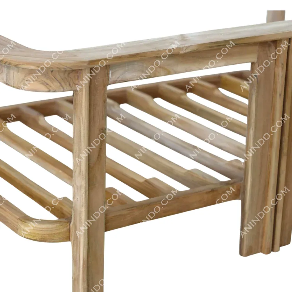 Wooden bench with slatted storage shelf