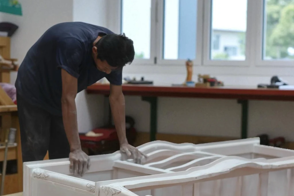 Carpenter sanding a wooden furniture piece