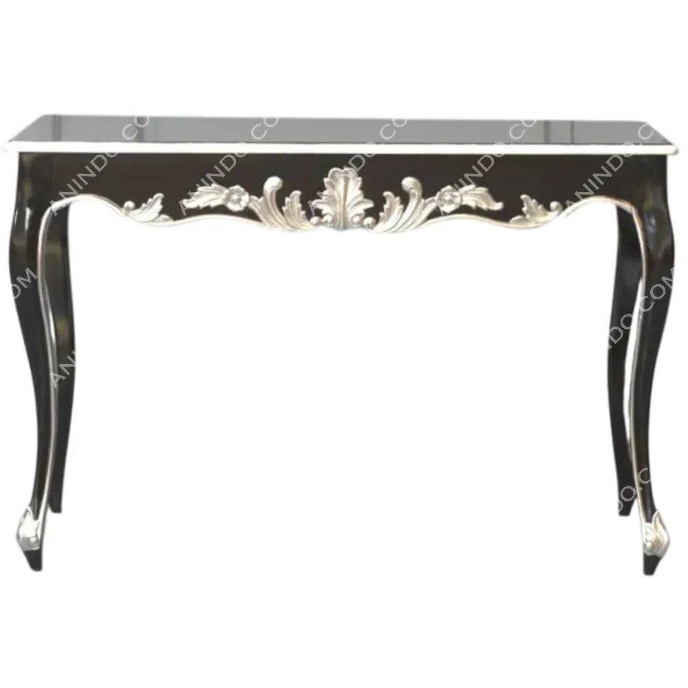 Black console table with silver decorative accents