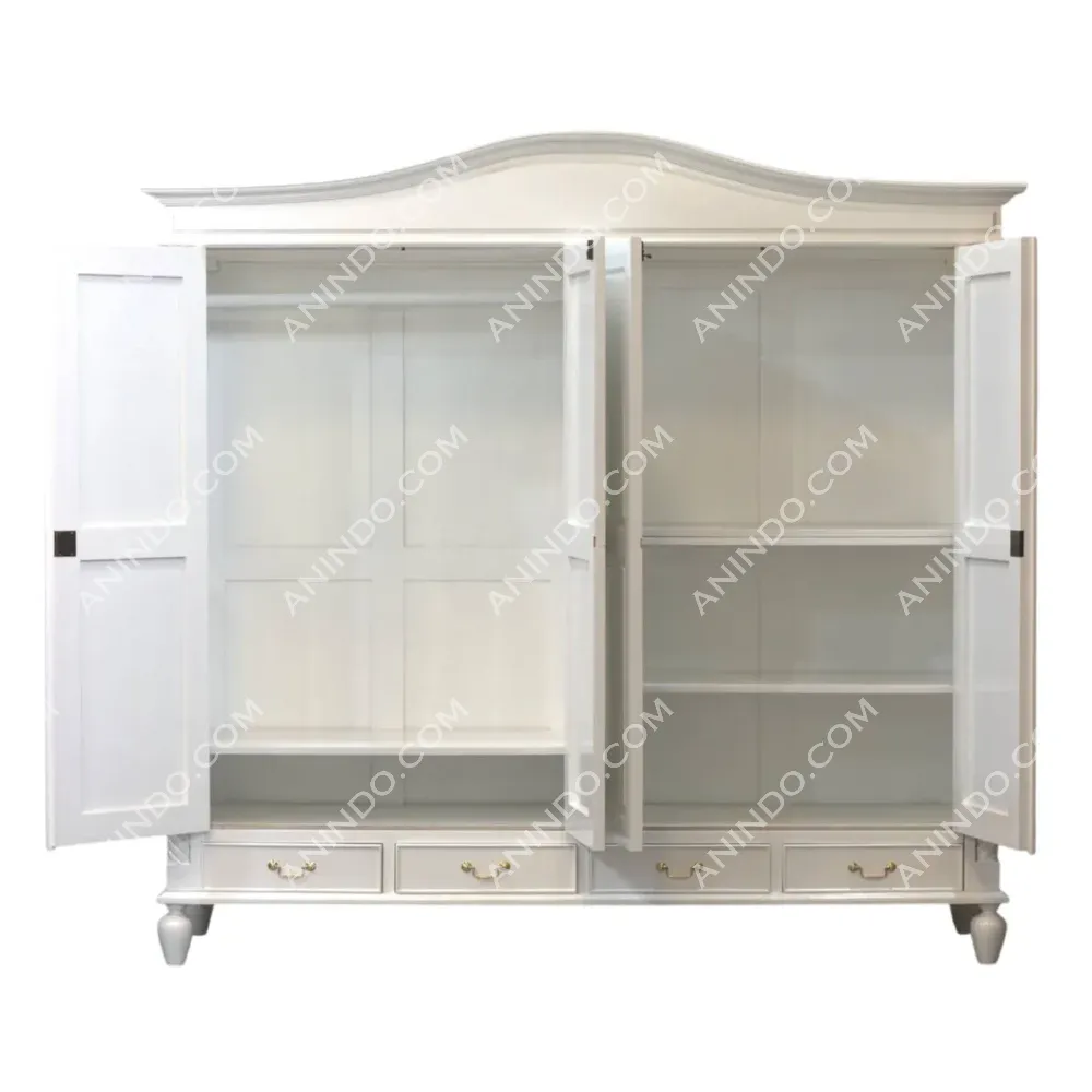 White wooden wardrobe with open doors and drawers