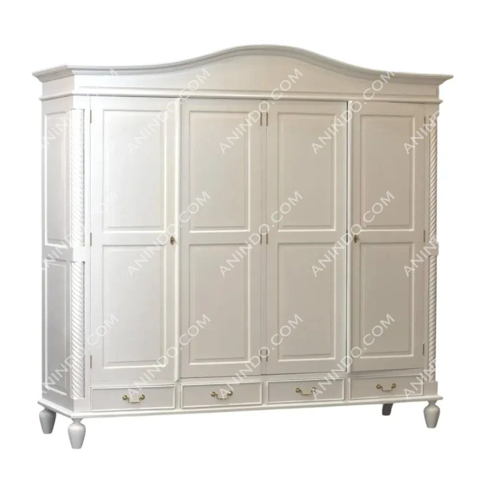 White wooden wardrobe with four doors and drawers