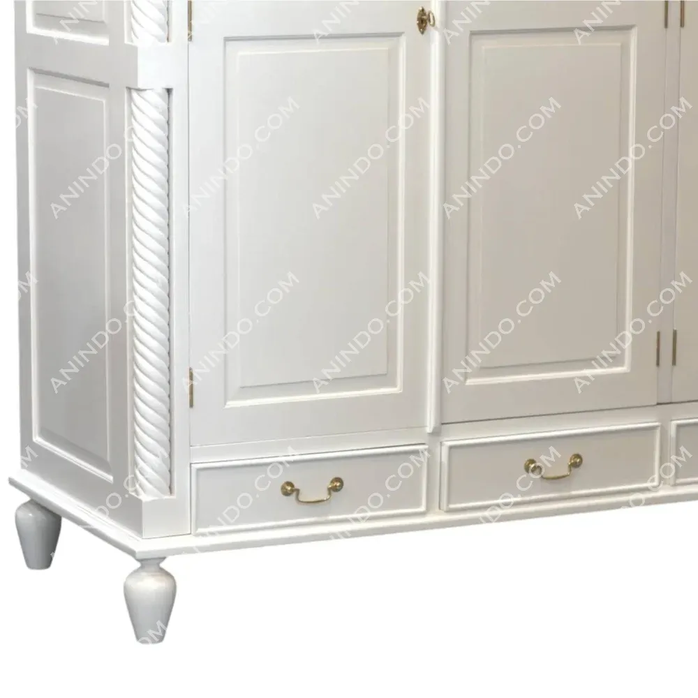 White wooden wardrobe with drawers and brass handles