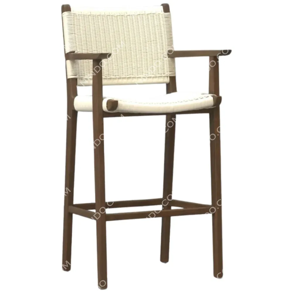 Wood and wicker bar stool with armrests