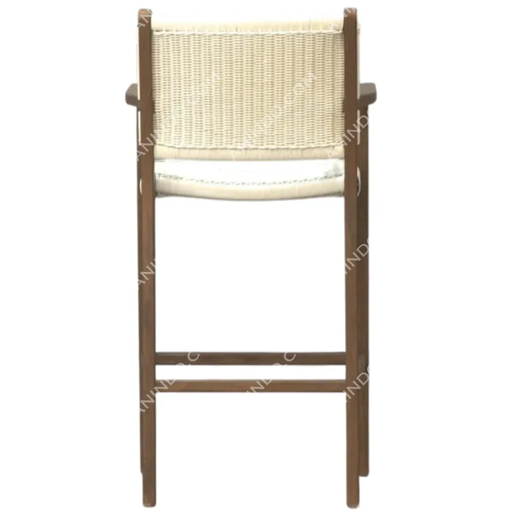 Wooden bar stool with woven backrest
