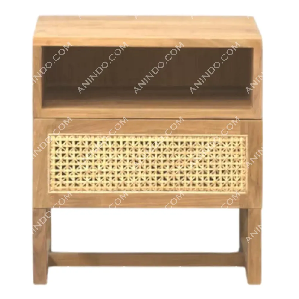 Wood nightstand with rattan drawer and open shelf