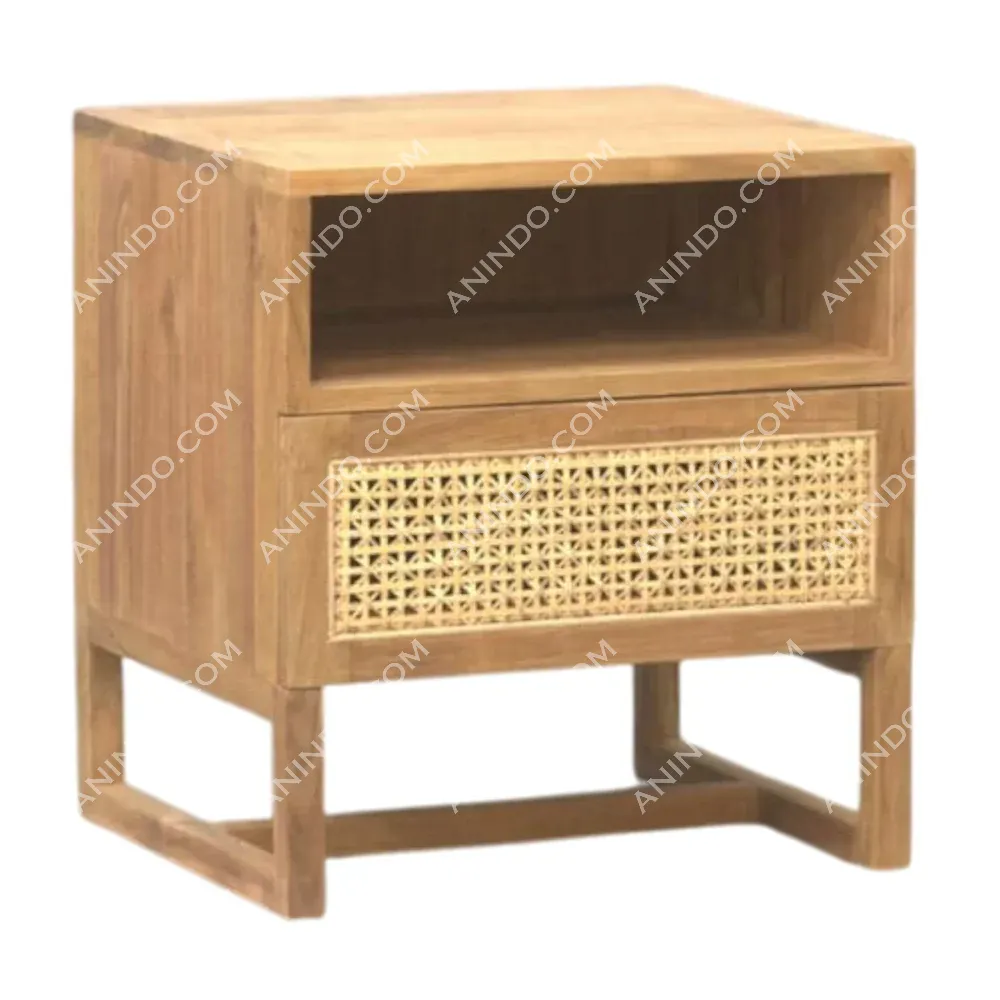 Wooden nightstand with rattan drawer and shelf