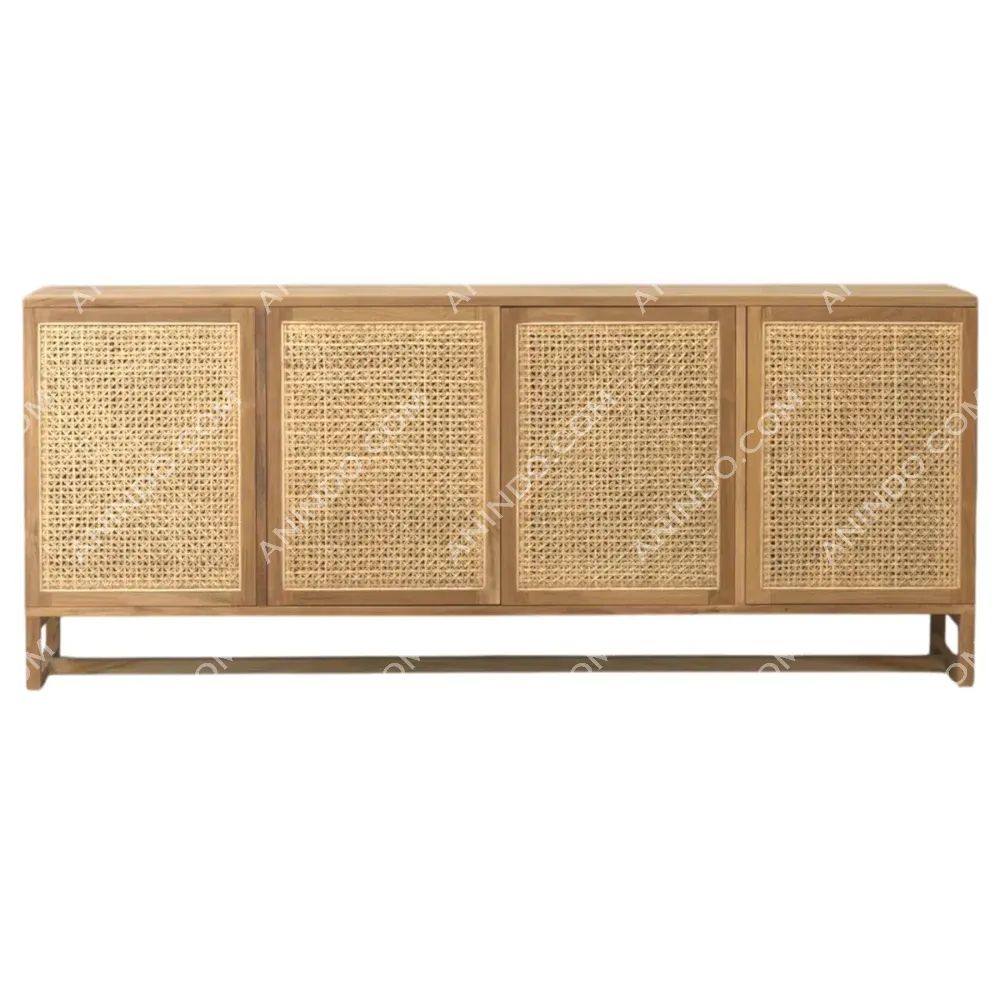 Wood sideboard with rattan woven cabinet doors