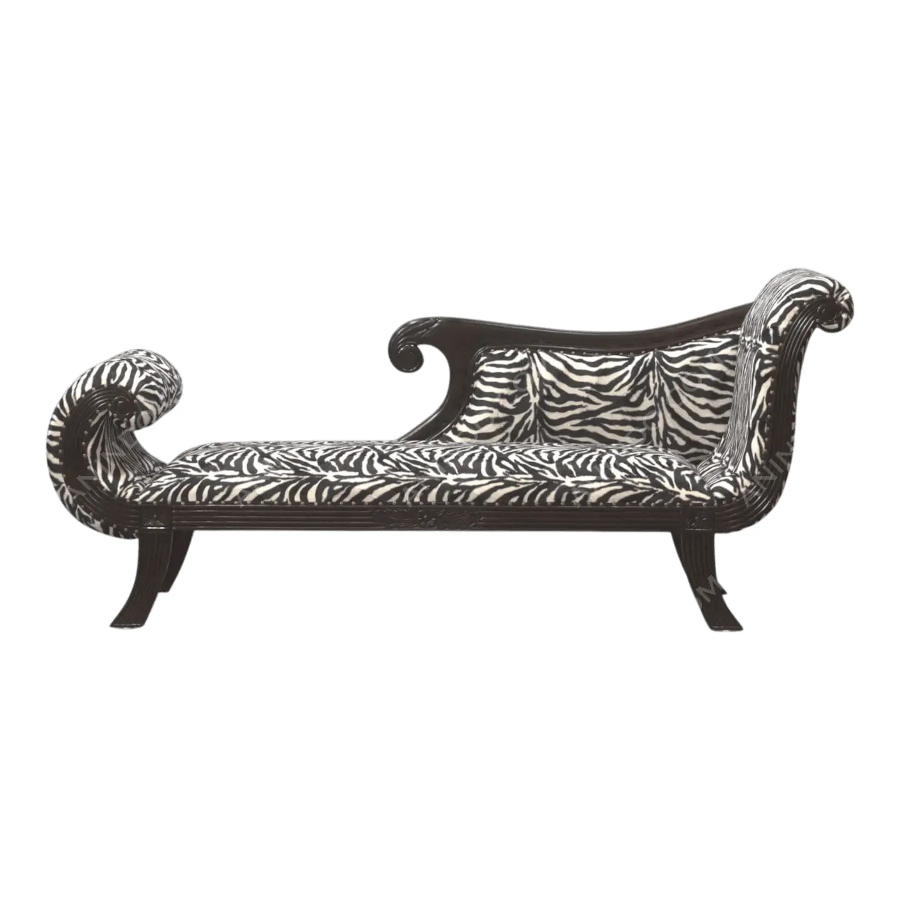 Zebra print chaise lounge with curved wooden frame
