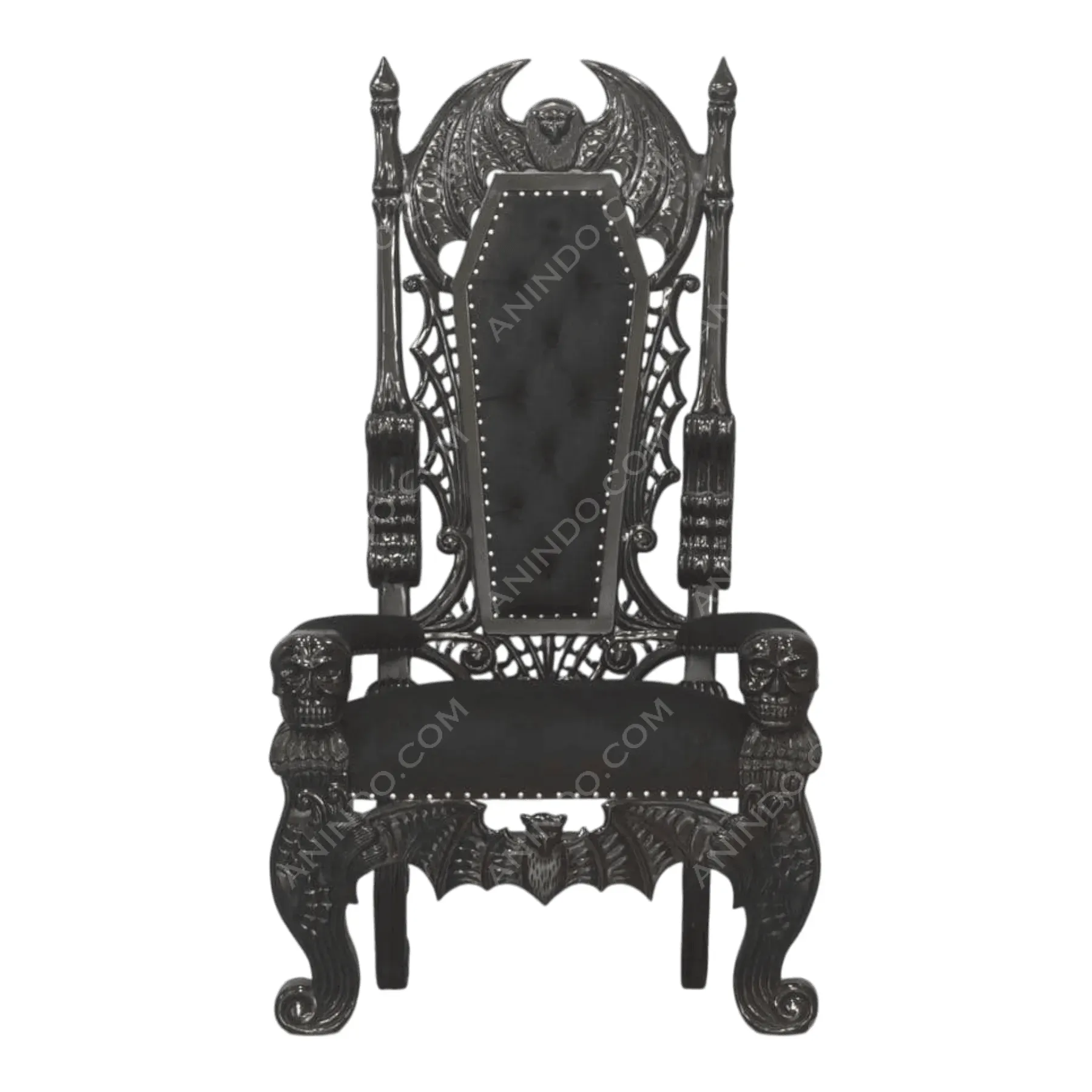 Gothic black throne with bat and skull carvings