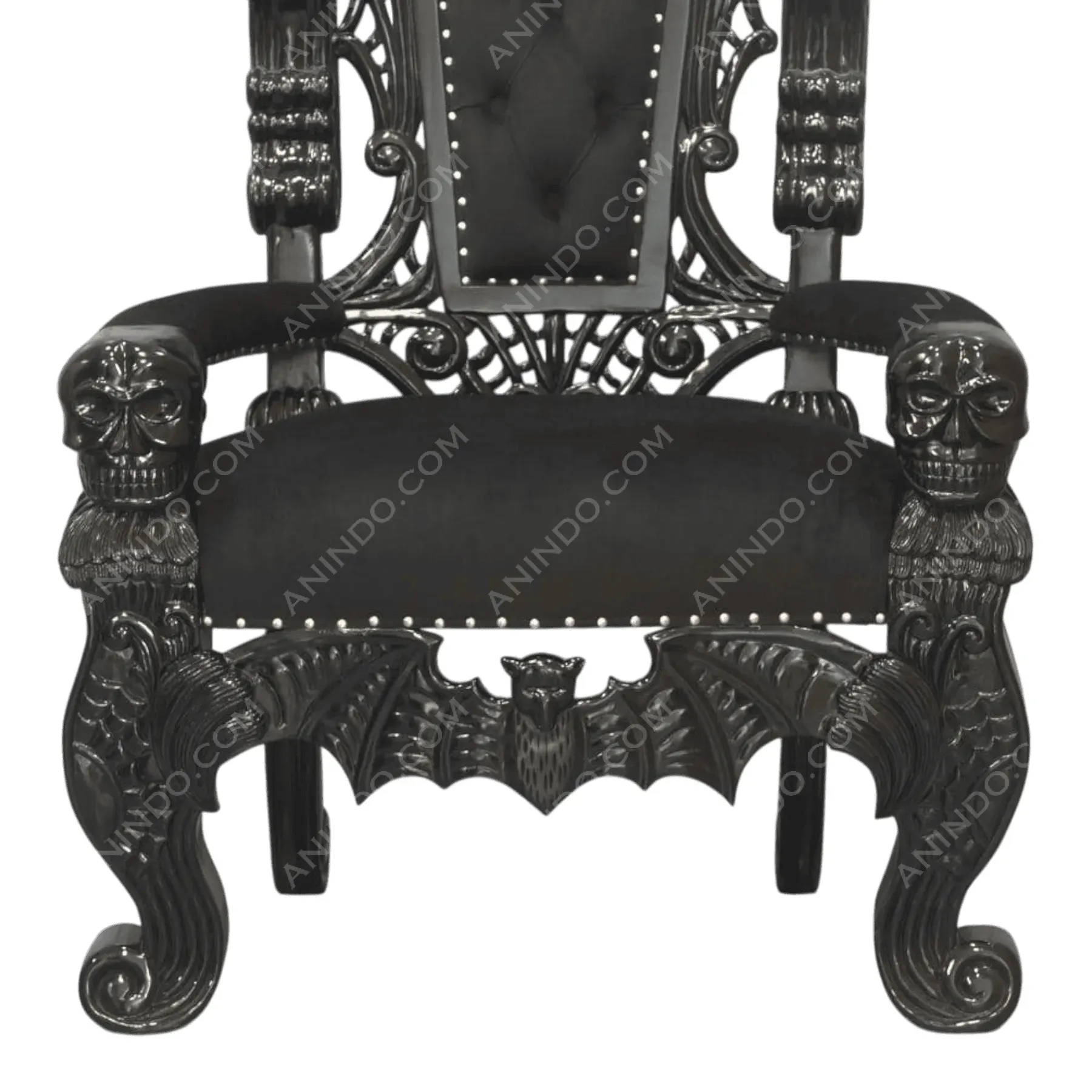 Gothic black chair with skull and bat carvings