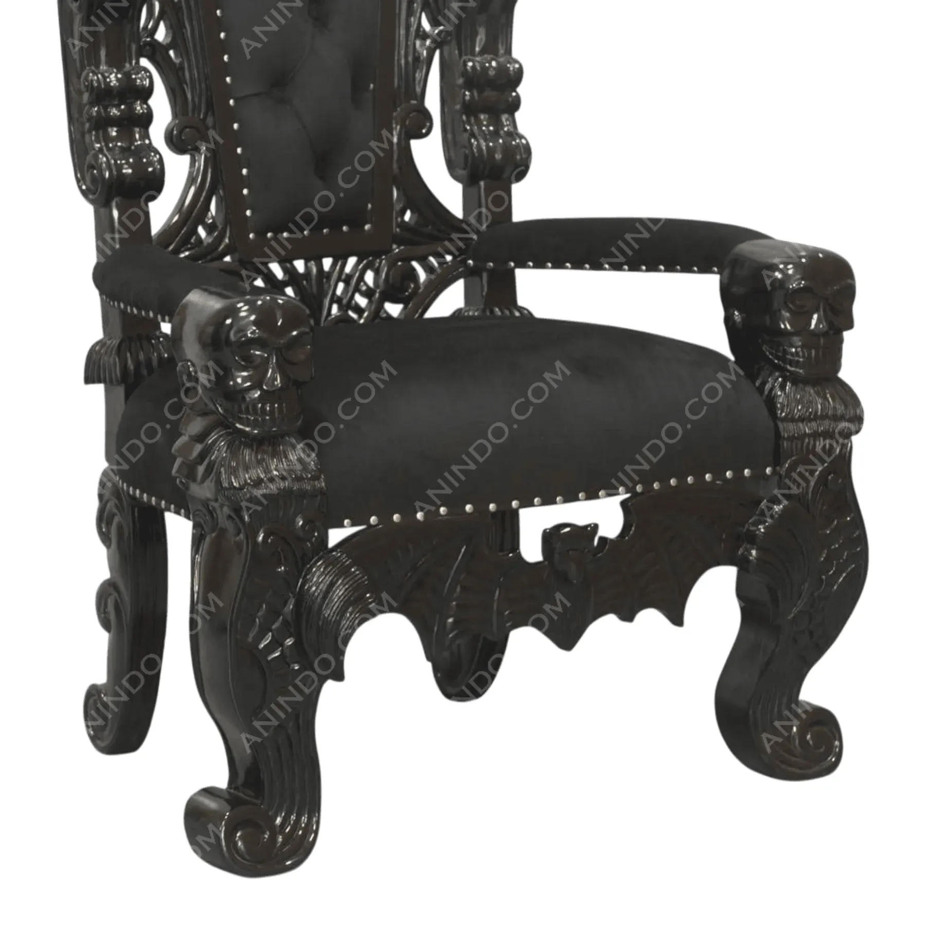 Gothic black chair with skull and bat carvings