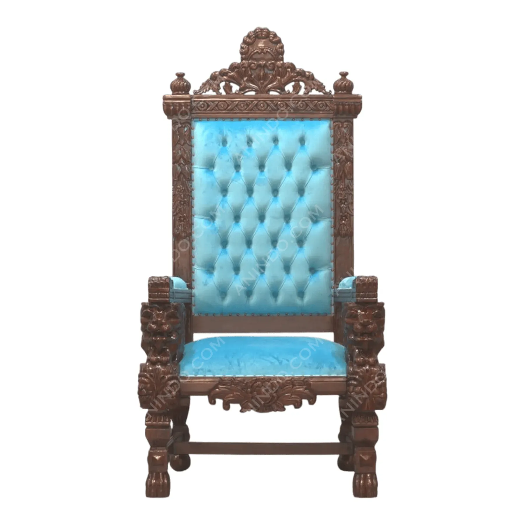 Ornate wooden throne with blue velvet upholstery