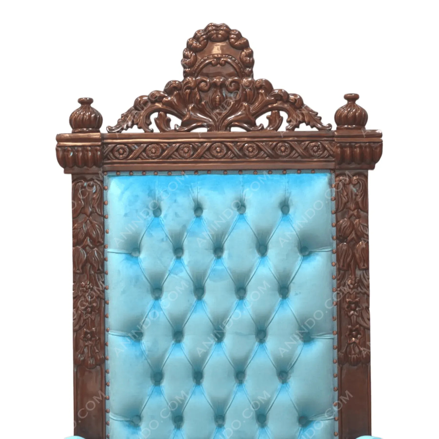 Ornate wooden chair with blue tufted upholstery