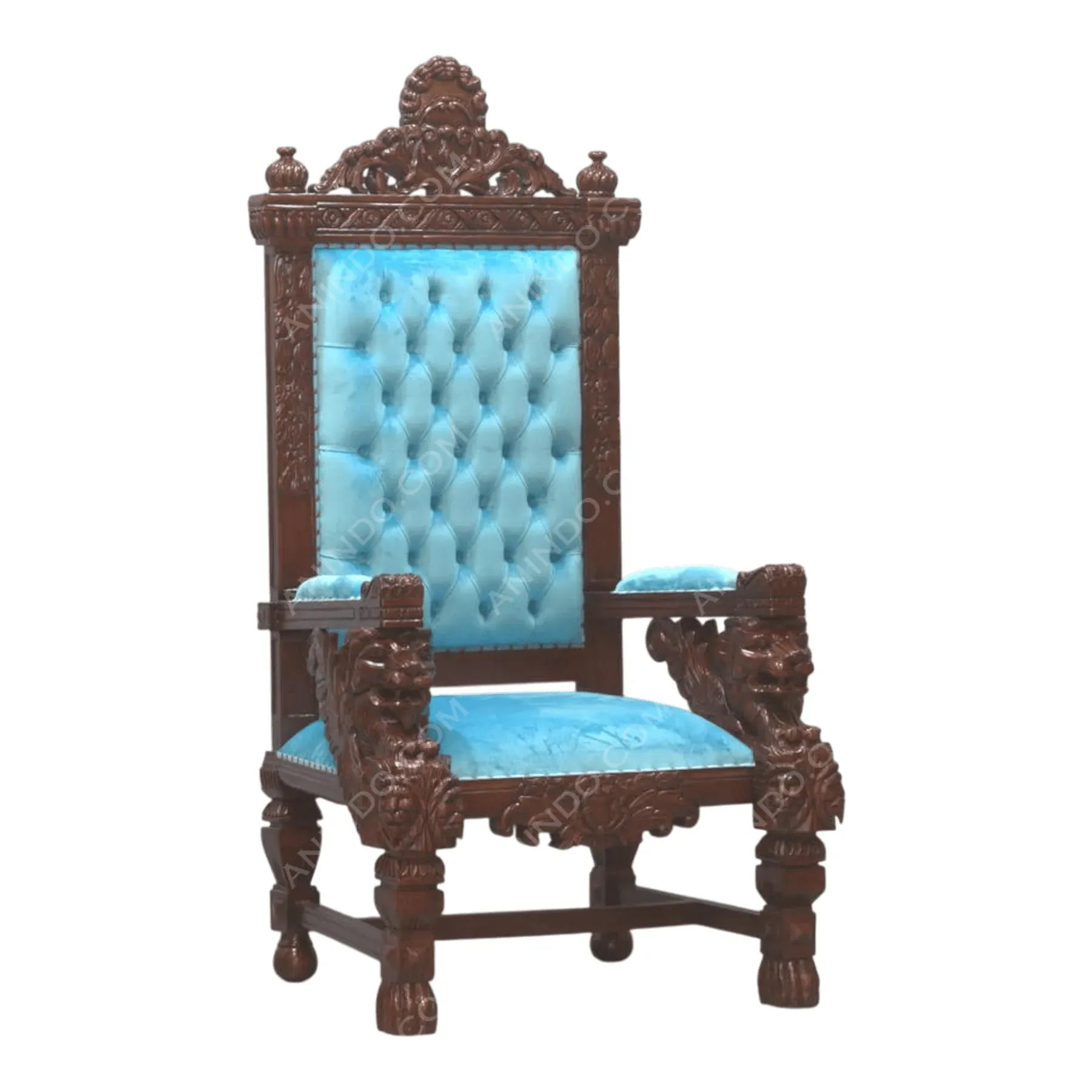 Ornate wooden throne with blue velvet upholstery