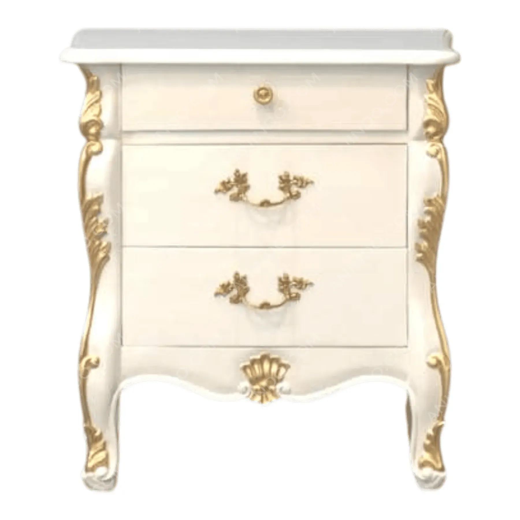 White and gold vintage three-drawer nightstand