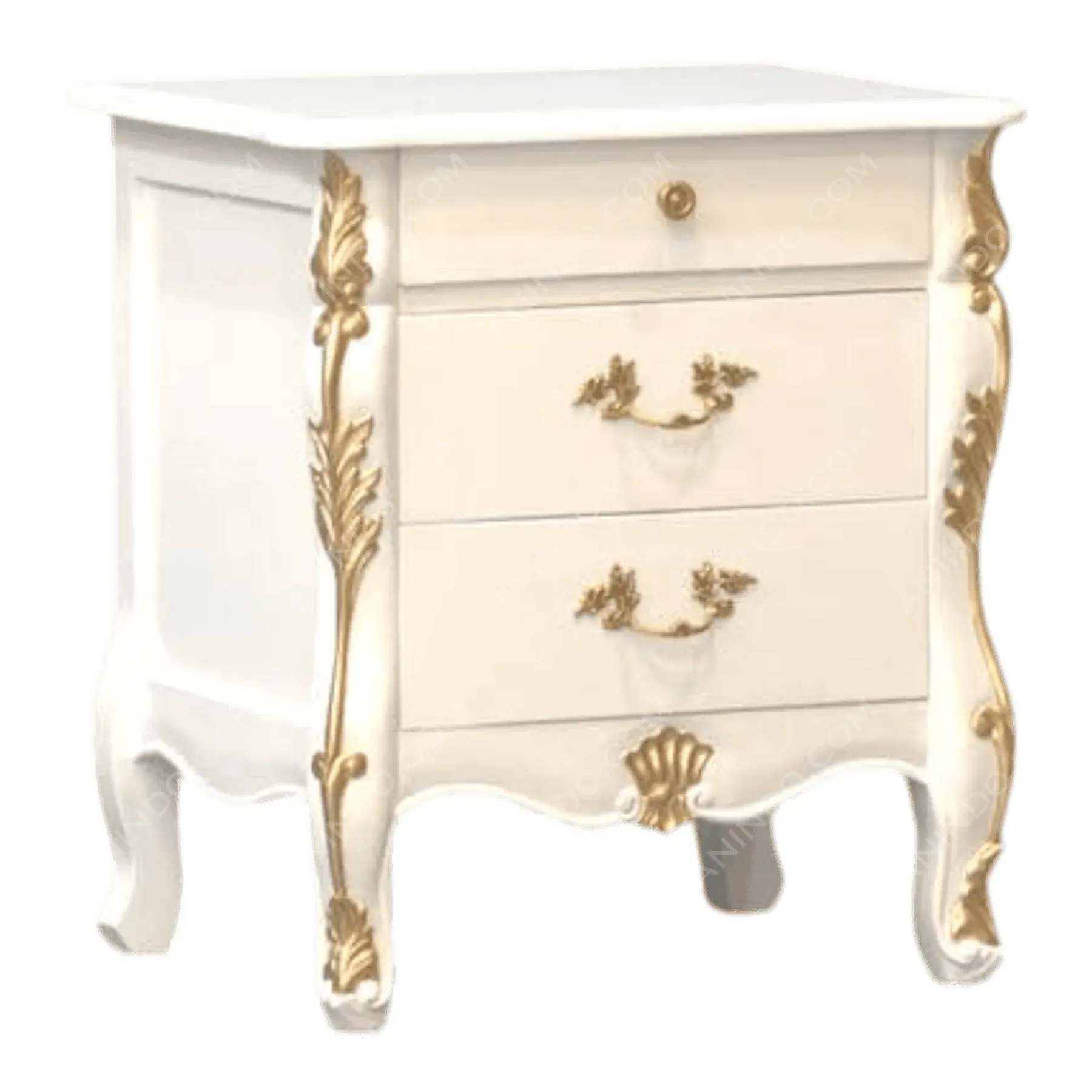 White vintage nightstand with gold accents
