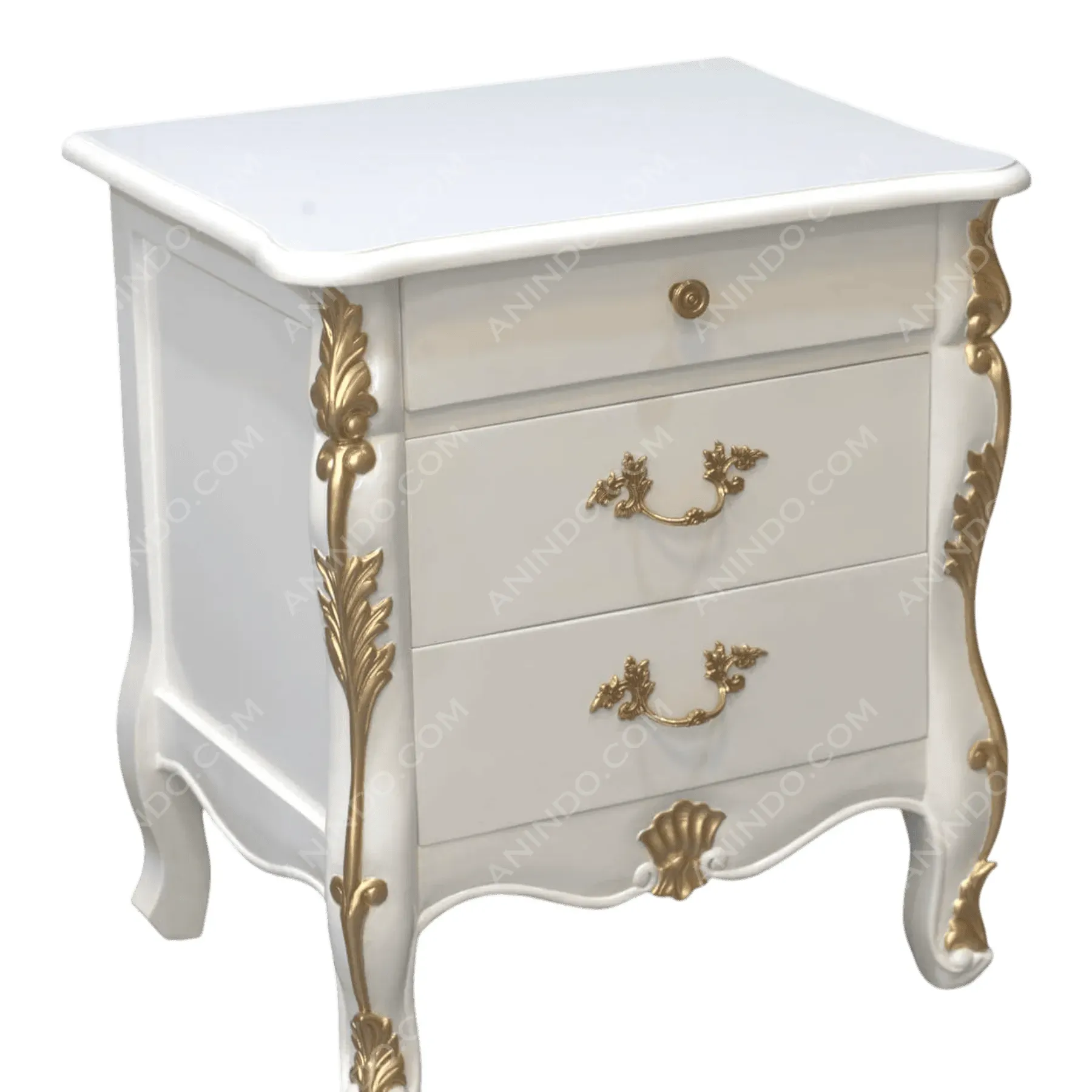 White and gold ornate nightstand with drawers
