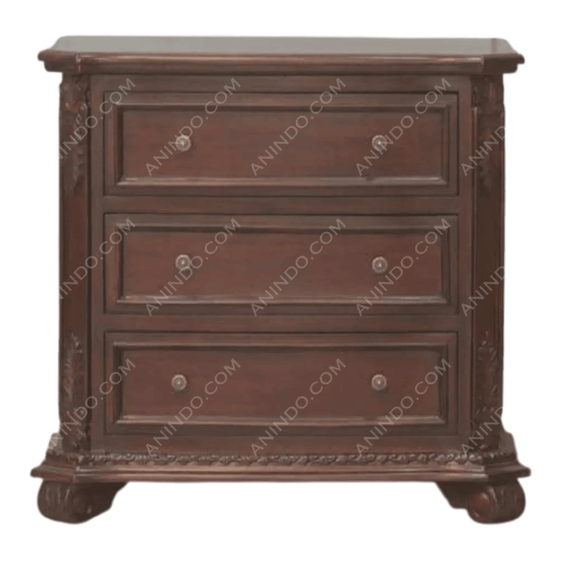 Dark wood three-drawer dresser with carved details