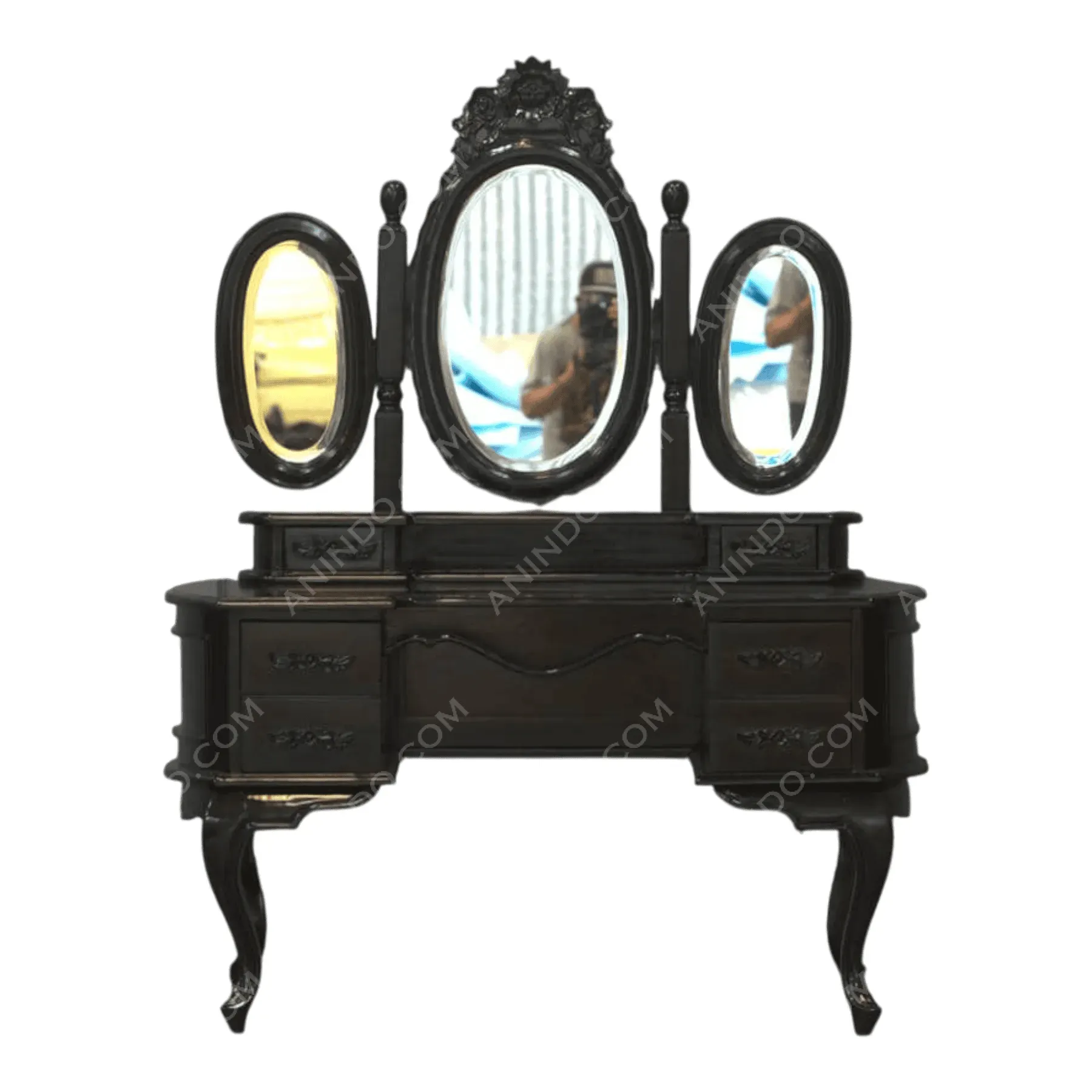 Antique black wooden vanity with three oval mirrors