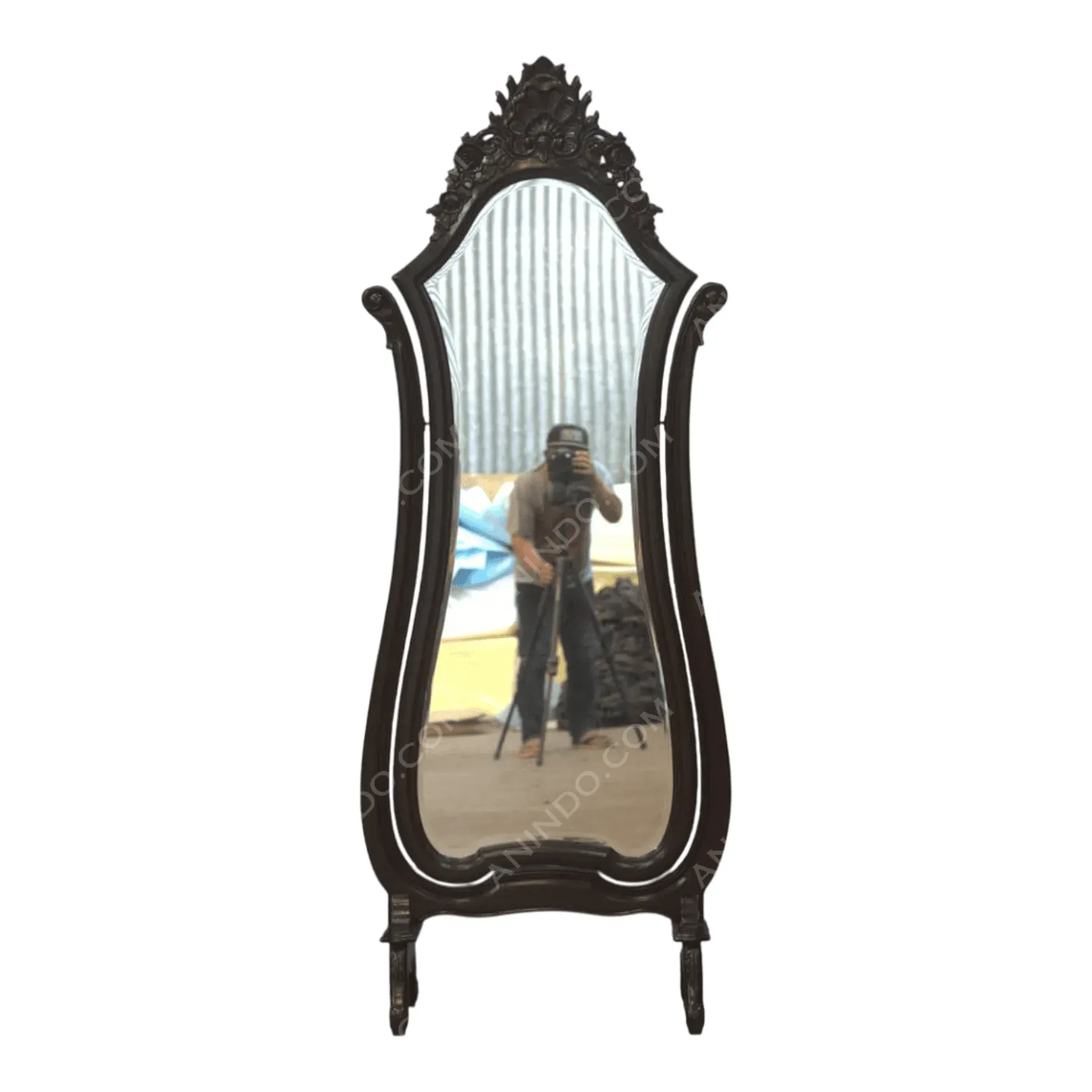 Antique full-length mirror with ornate dark wood frame