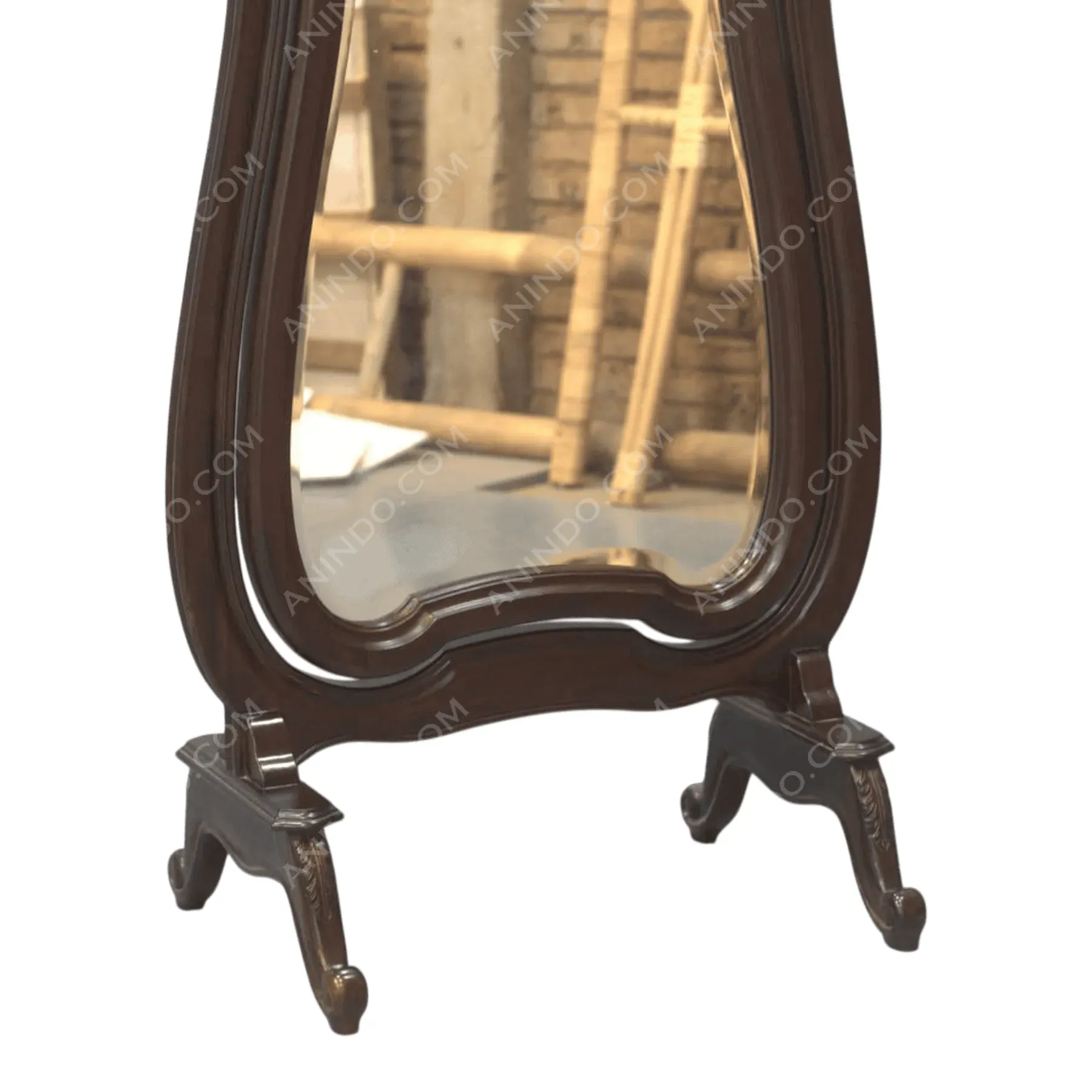 Antique wooden floor mirror with ornate curved frame