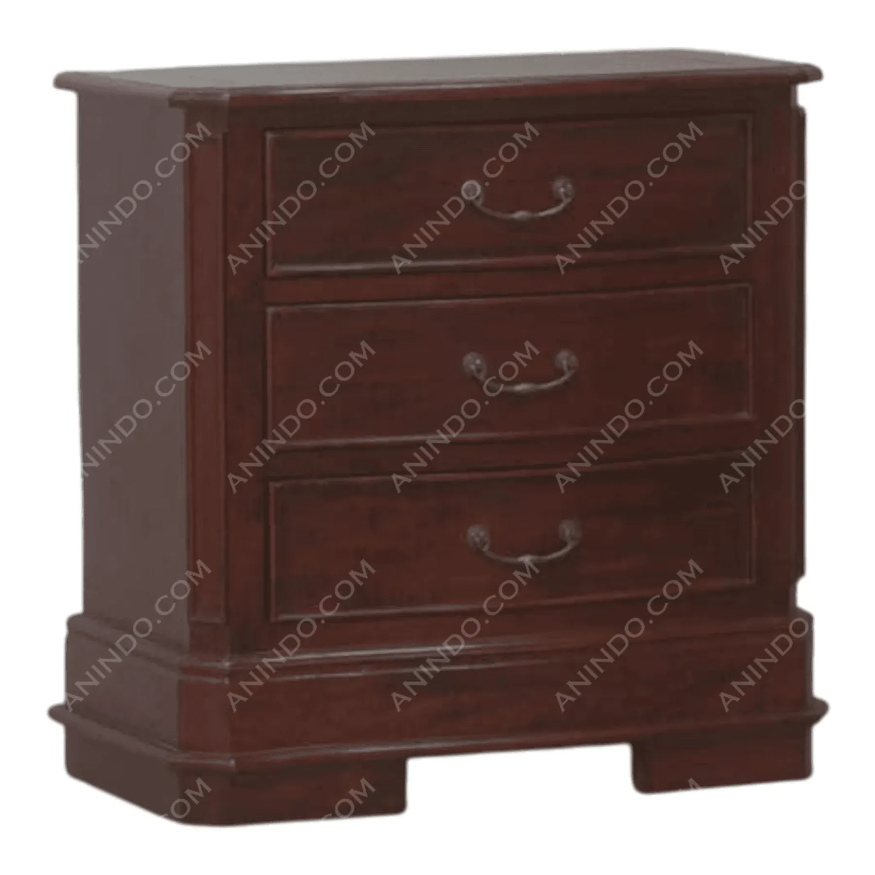 Dark wood three-drawer nightstand with handles