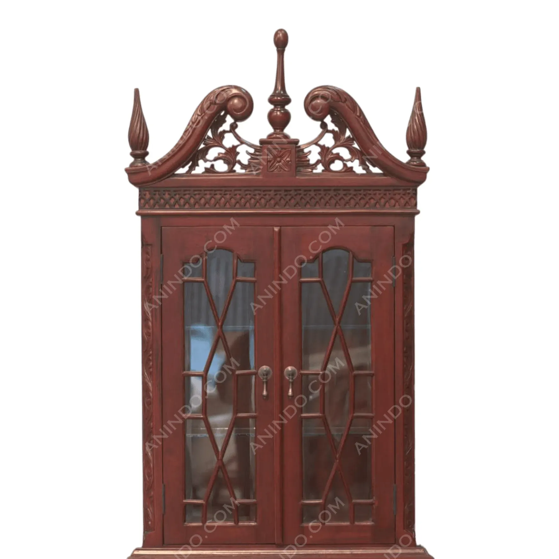 Antique wooden cabinet with decorative glass doors