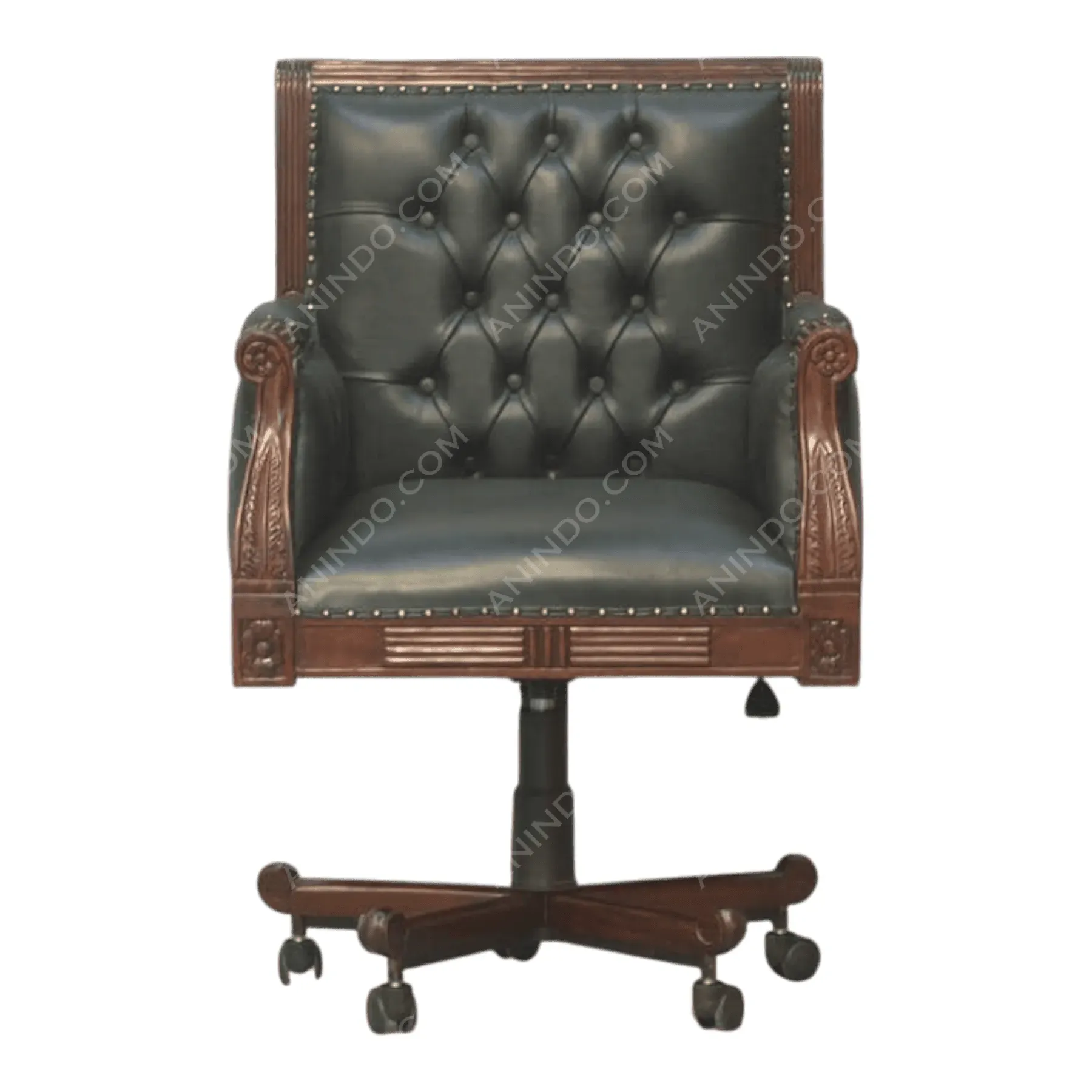 Vintage black leather office chair with wood frame