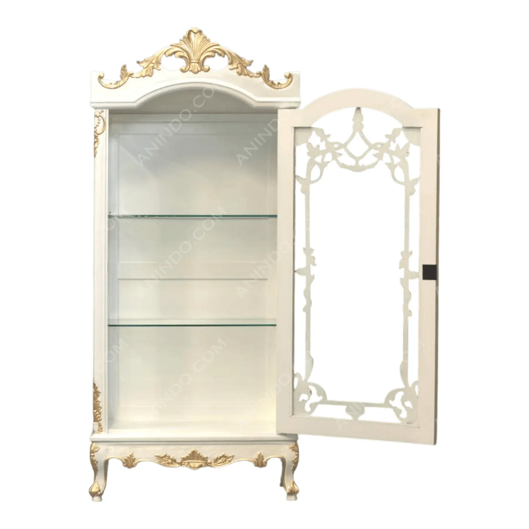 White and gold ornate display cabinet with glass shelves
