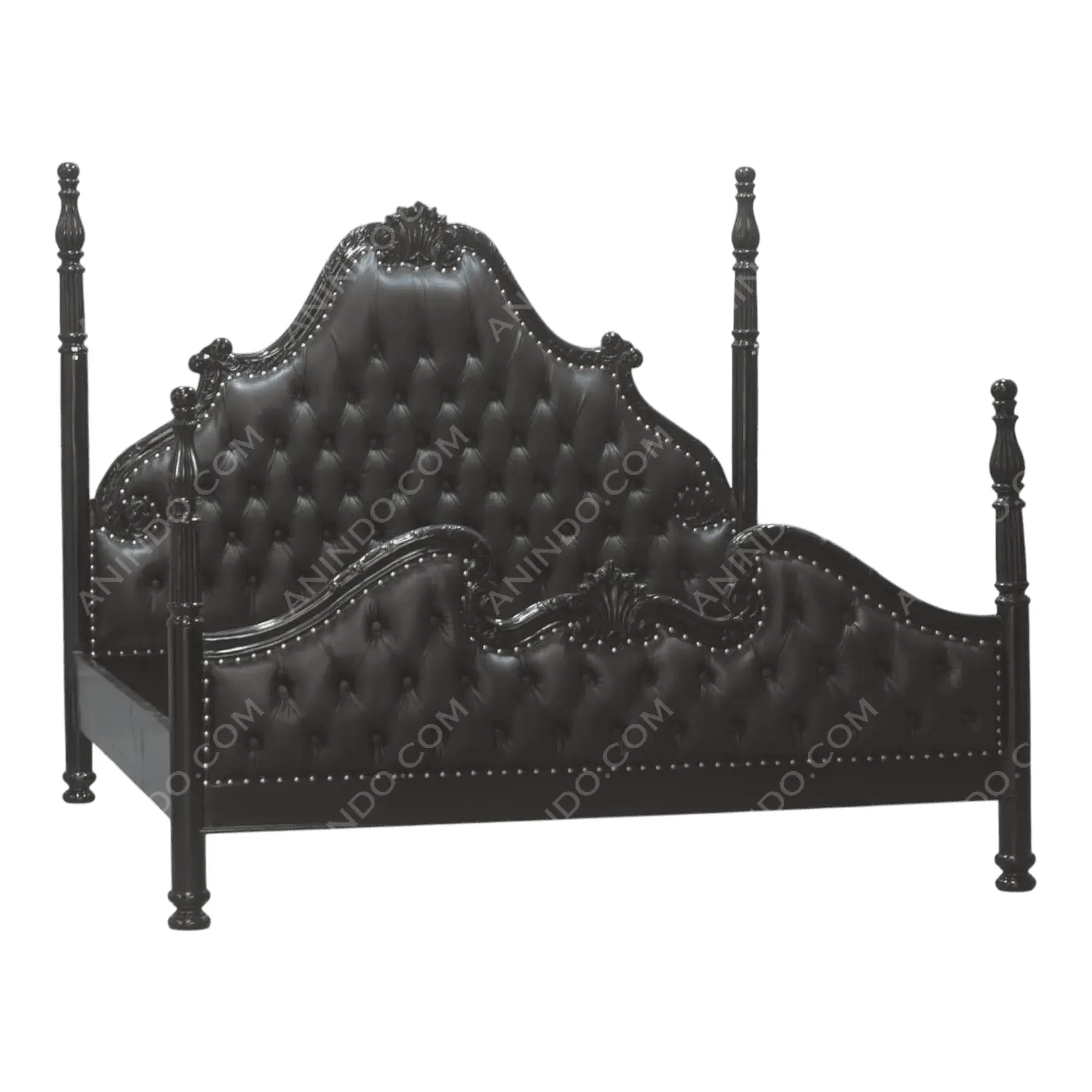 Black tufted four-poster bed with ornate design