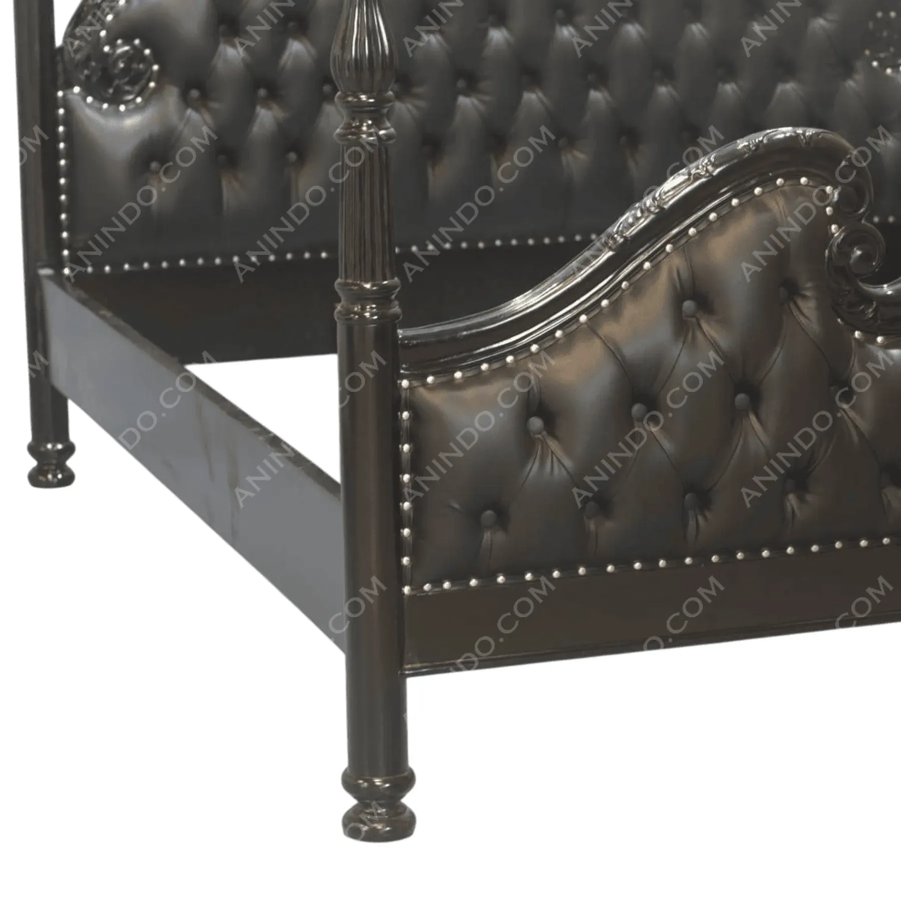 Black tufted leather bed frame with decorative posts